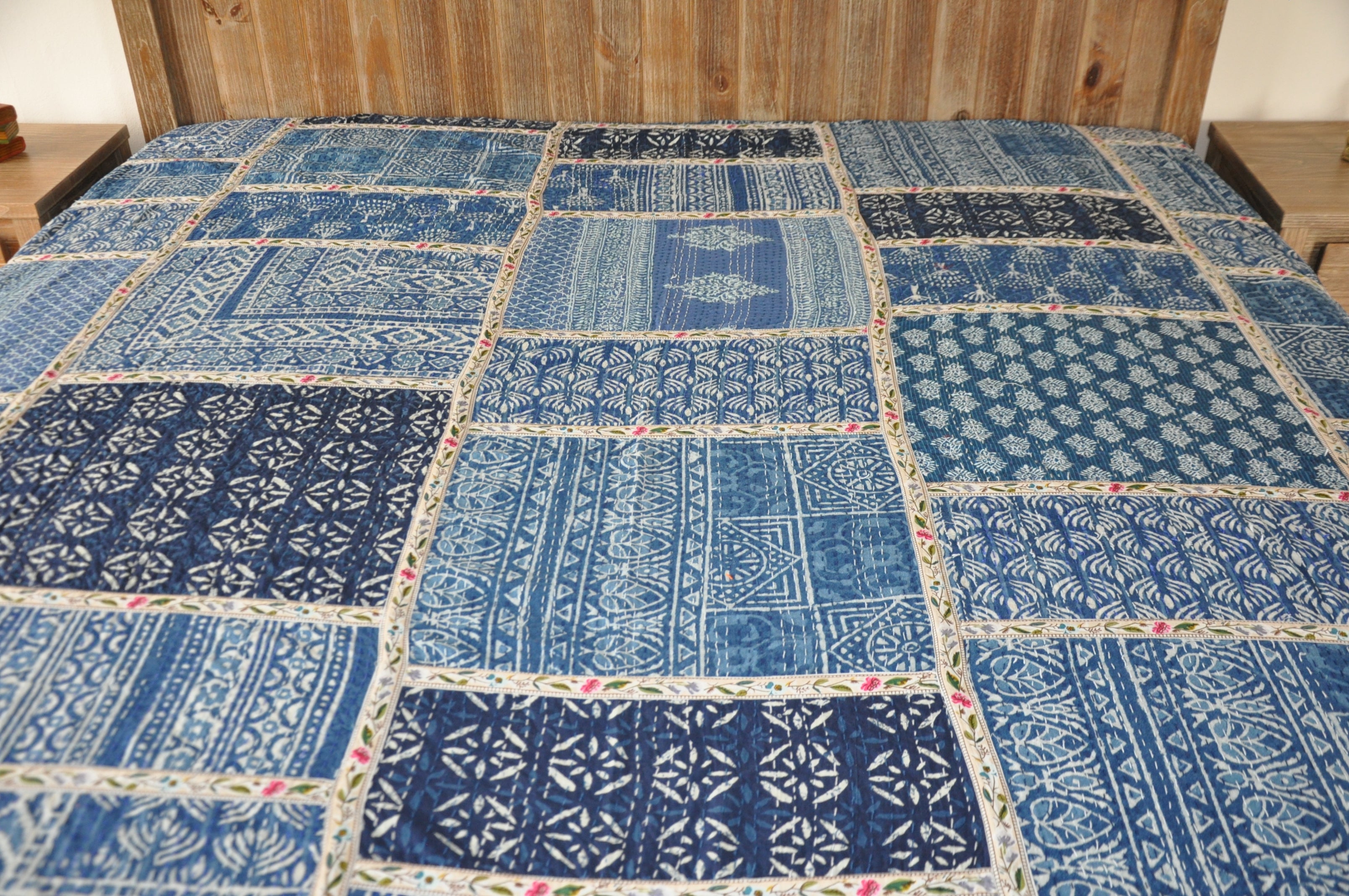 Blue Bliss Kantha Bedspread